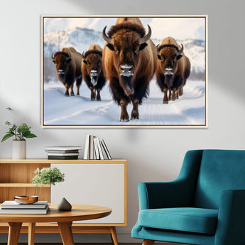 56701-MGV-CV-36X24-Bison Herd Wall Art – Buffalo Walking in Snowy Mountains Canvas Print, Rustic Wildlife Decor for Cabin, Lodge, or Living Room