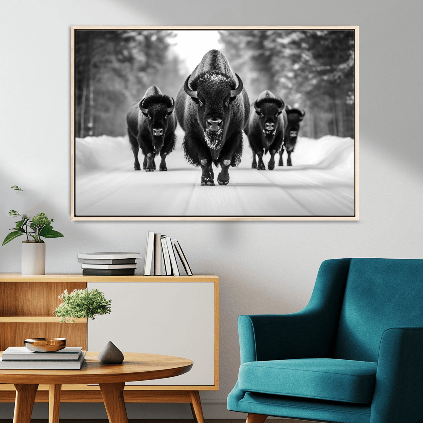 45287-MGV-CV-36X24-Bison Herd Wall Art – Black and White Buffalo Snow Road Canvas Print, Rustic Wildlife Decor for Cabin, Lodge or Living Room
