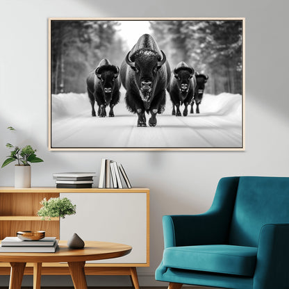 45287-MGV-CV-36X24-Bison Herd Wall Art – Black and White Buffalo Snow Road Canvas Print, Rustic Wildlife Decor for Cabin, Lodge or Living Room