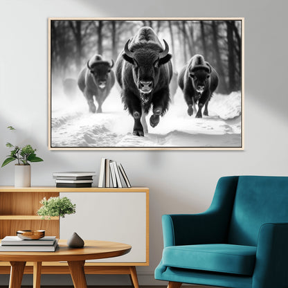 97552-MGV-CV-36X24-Black and White Bison Wall Art – Buffalo Herd Running in Snow Canvas Print, Rustic Wildlife Photography Decor for Cabin, Lodge, or