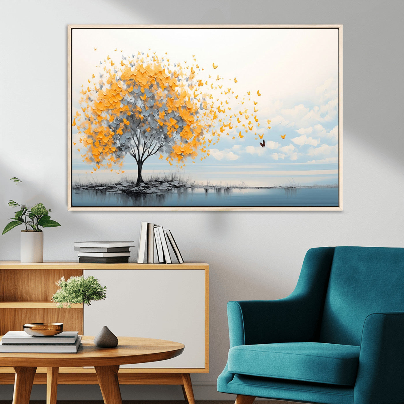 23385-MGV-CV-36X24-Golden Butterfly Tree Wall Art – Abstract Yellow and Gray Canvas Print, Modern Nature Artwork for Living Room, Bedroom or Office