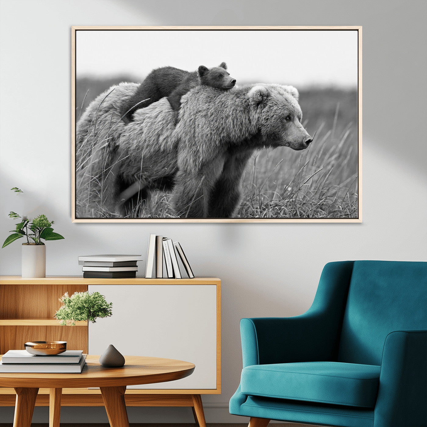 76338-MGV-CV-36X24-Mother Bear and Cub Wall Art – Black and White Wildlife Canvas Print, Rustic Nature Photography for Cabin, Living Room or Office