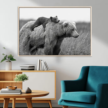 76338-MGV-CV-36X24-Mother Bear and Cub Wall Art – Black and White Wildlife Canvas Print, Rustic Nature Photography for Cabin, Living Room or Office
