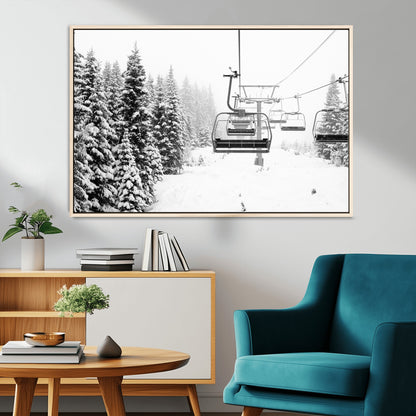 70609-MGV-CV-36X24-Snowy Ski Lift Wall Art – Black and White Winter Mountain Landscape Canvas Print, Rustic Lodge Decor for Cabin, Living Room or