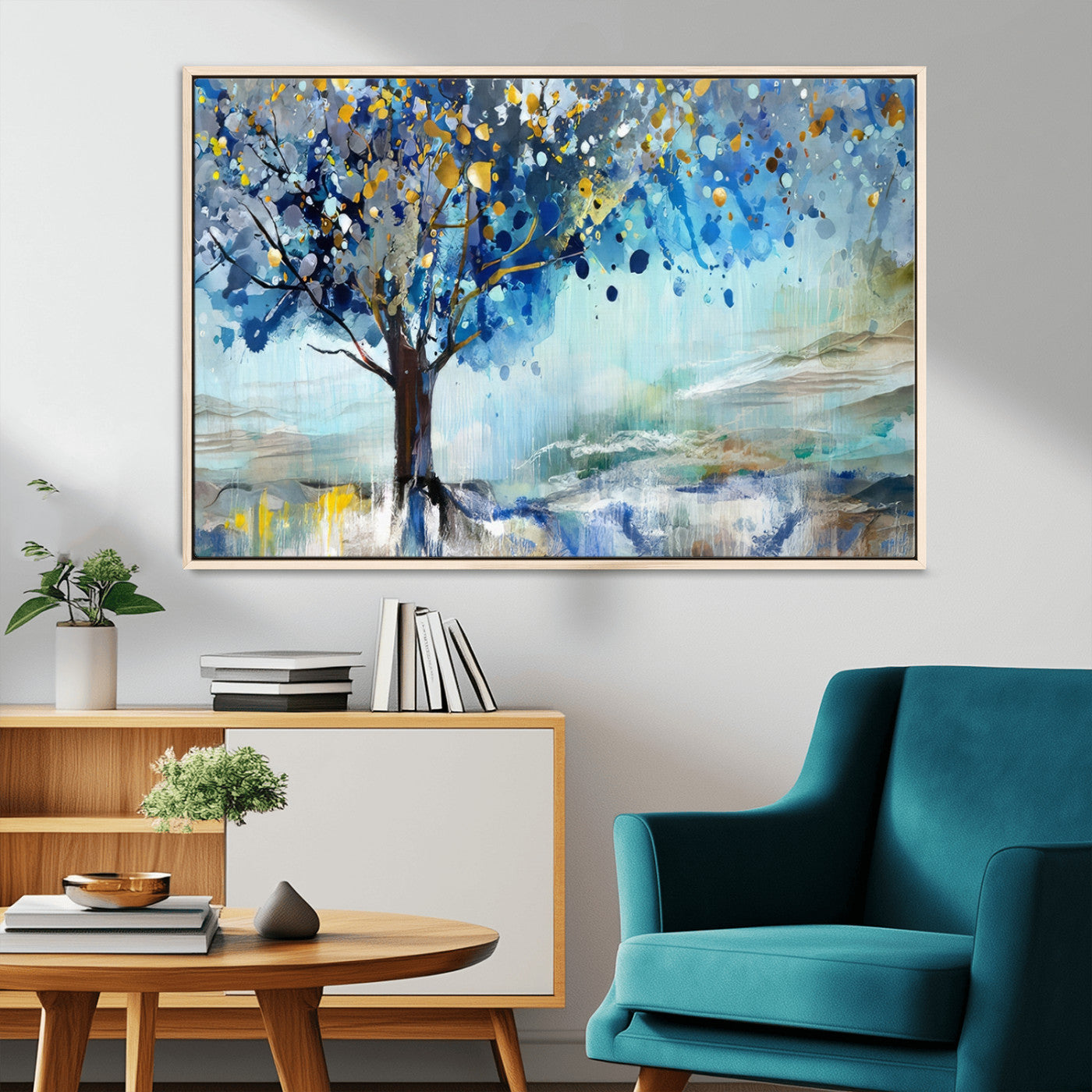 17018-MGV-CV-36X24-Abstract Blue Tree Wall Art – Colorful Canvas Painting with Gold and Silver Accents, Modern Nature Artwork for Living Room,