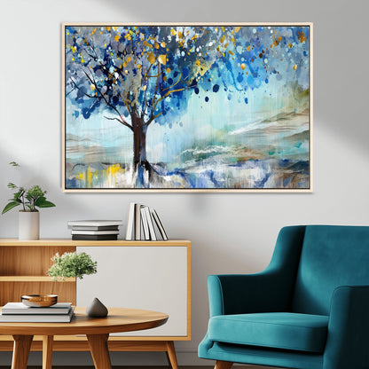 17018-MGV-CV-36X24-Abstract Blue Tree Wall Art – Colorful Canvas Painting with Gold and Silver Accents, Modern Nature Artwork for Living Room,