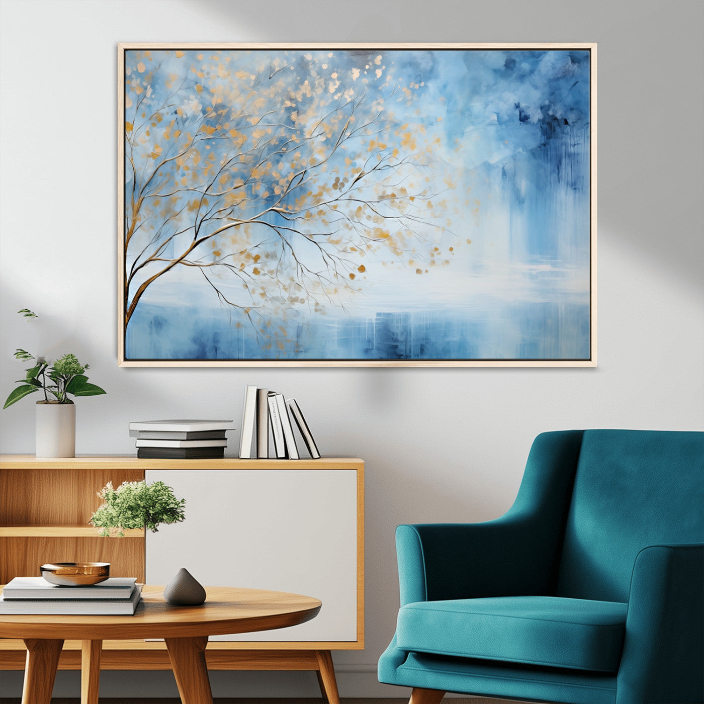 23891-MGV-CV-36X24-Abstract Tree Wall Art – Minimalist Blue and Gold Canvas Painting, Elegant Nature-Inspired Artwork for Living Room, Bedroom or