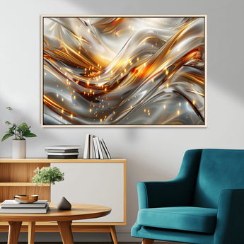 Lines1-MGV-CV-36X24-Abstract Metallic Wall Art – Silver and Gold Wave Canvas Print with Sparkling Accents, Modern Luxury Decor for Living Room, Office