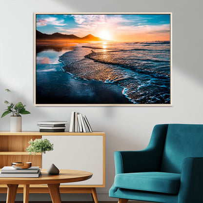 26494-MGV-CV-36X24-Ocean Sunset Wall Art – Scenic Beach Canvas Print with Waves and Mountains, Coastal Seascape Photography for Living Room, Bedroom