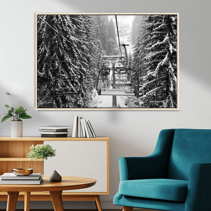 19240-MGV-CV-36X24-Ski Lift Wall Art – Black and White Winter Mountain Canvas Print, Snowy Forest Ski Resort Photography for Cabin, Lodge, Office or
