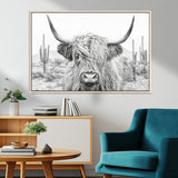 94579-MGV-CV-36X24-Highland Cow Wall Art – Black and White Longhorn Canvas Print, Rustic Western Farmhouse Animal Photography for Living Room,