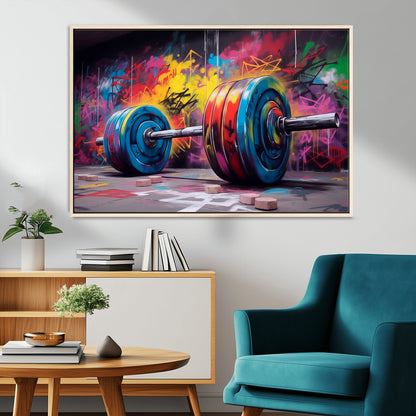 13549-MGV-CV-36X24-Graffiti Gym Wall Art Canvas Print, Framed Graffiti Barbell Art Picture Print, Weightlifting Perfect Fitness Studio Decor Artwork