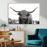 58188-MGV-CV-36X24-Highland Cow Wall Art – Black and White Rustic Farmhouse Canvas Print, Longhorn Cattle Photography Decor for Living Room or