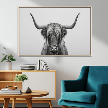 35820-MGV-CV-36X24-Minimalist Highland Cow Wall Art – Black and White Longhorn Cattle Canvas Print, Modern Farmhouse Animal Photography Decor for