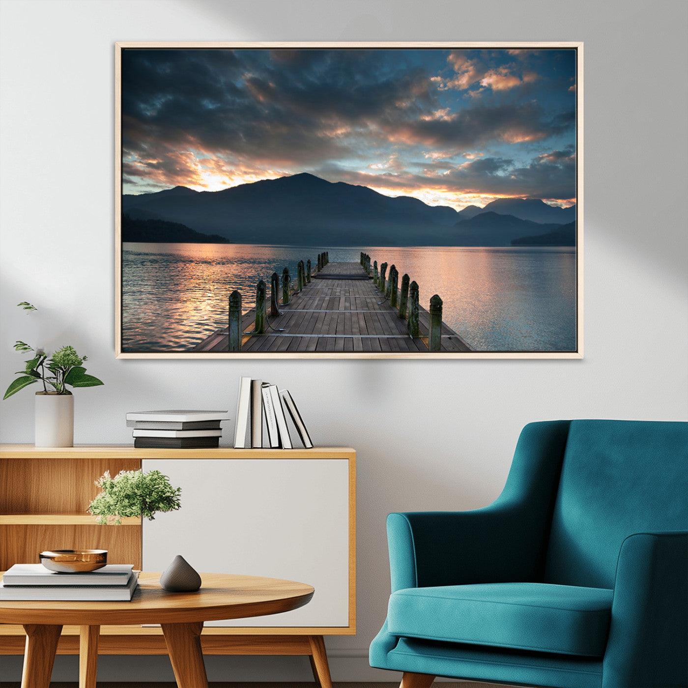 20442-MGV-CV-36X24-Lakeside Sunset Dock Wall Art – Peaceful Mountain Lake Canvas Print, Serene Nature Landscape Decor for Living Room, Bedroom or