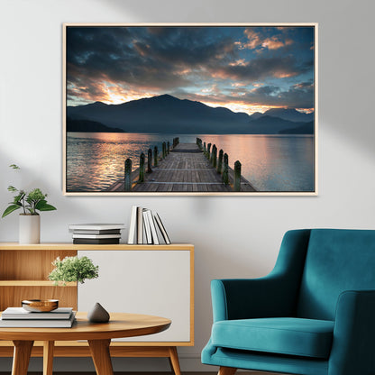 20442-MGV-CV-36X24-Lakeside Sunset Dock Wall Art – Peaceful Mountain Lake Canvas Print, Serene Nature Landscape Decor for Living Room, Bedroom or
