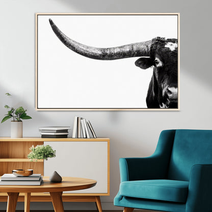 31699-MGV-CV-36X24-Longhorn Wall Art – Black and White Texas Longhorn Cow Canvas Print, Rustic Western Farmhouse Artwork for Living Room, Bedroom or