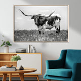 94709-MGV-CV-36X24-Texas Longhorn Wall Art – Black and White Bull Photography Canvas Print, Western Farmhouse Wall Decor for Living Room, Office or
