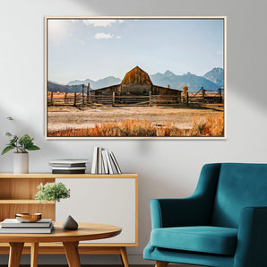 26513-MGV-CV-36X24-Rustic Barn Wall Art – Vintage Farmhouse Canvas Print with Mountain Landscape, Western Country Wall Decor for Living Room, Office