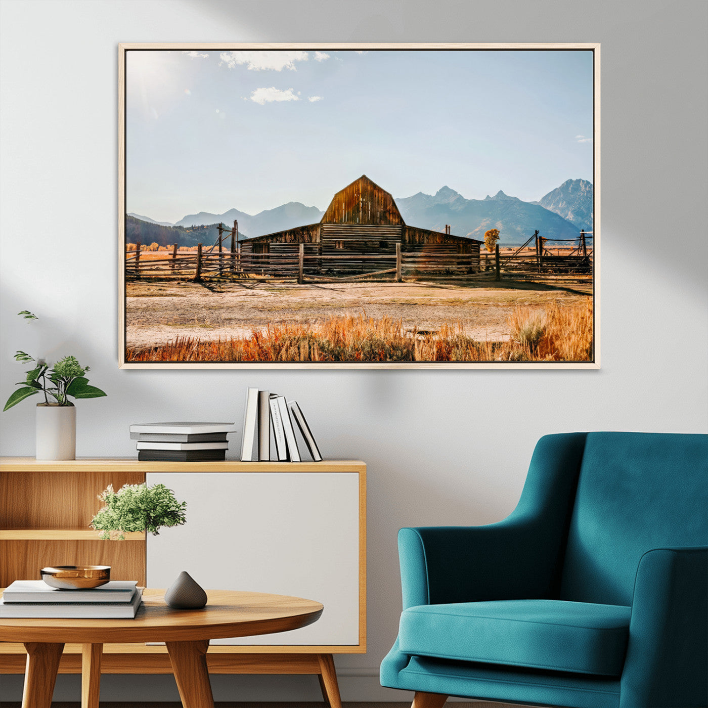 26513-MGV-CV-36X24-Rustic Barn Wall Art – Vintage Farmhouse Canvas Print with Mountain Landscape, Western Country Wall Decor for Living Room, Office