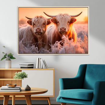 68253-MGV-FC-36X24_Natural-Highland Cow Wall Art – Rustic Farmhouse Cattle Canvas Print, Frosty Sunset Animal Artwork for Living Room, Bedroom or Country