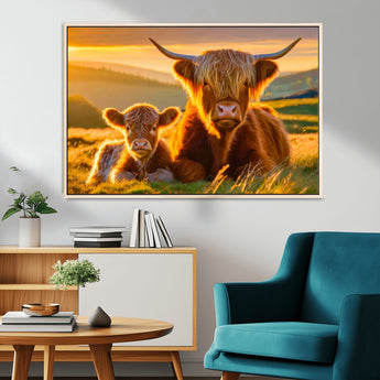 20567-MGV-CV-36X24-Highland Cow and Calf Wall Art – Rustic Farmhouse Sunset Cattle Canvas Print, Country Animal Artwork for Living Room, Bedroom, or