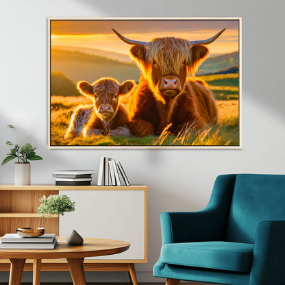 20567-MGV-CV-36X24-Highland Cow and Calf Wall Art – Rustic Farmhouse Sunset Cattle Canvas Print, Country Animal Artwork for Living Room, Bedroom, or