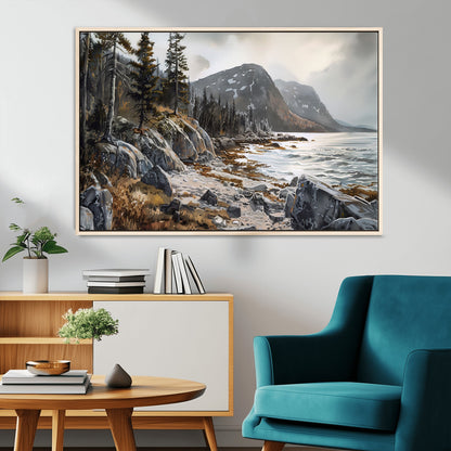 41281-MGV-FC-36X24_Natural-Rocky Shoreline Wall Art – Panoramic Mountain Coast and Forest Canvas Print, Rustic Nature Landscape Decor for Cabin, Lodge, or