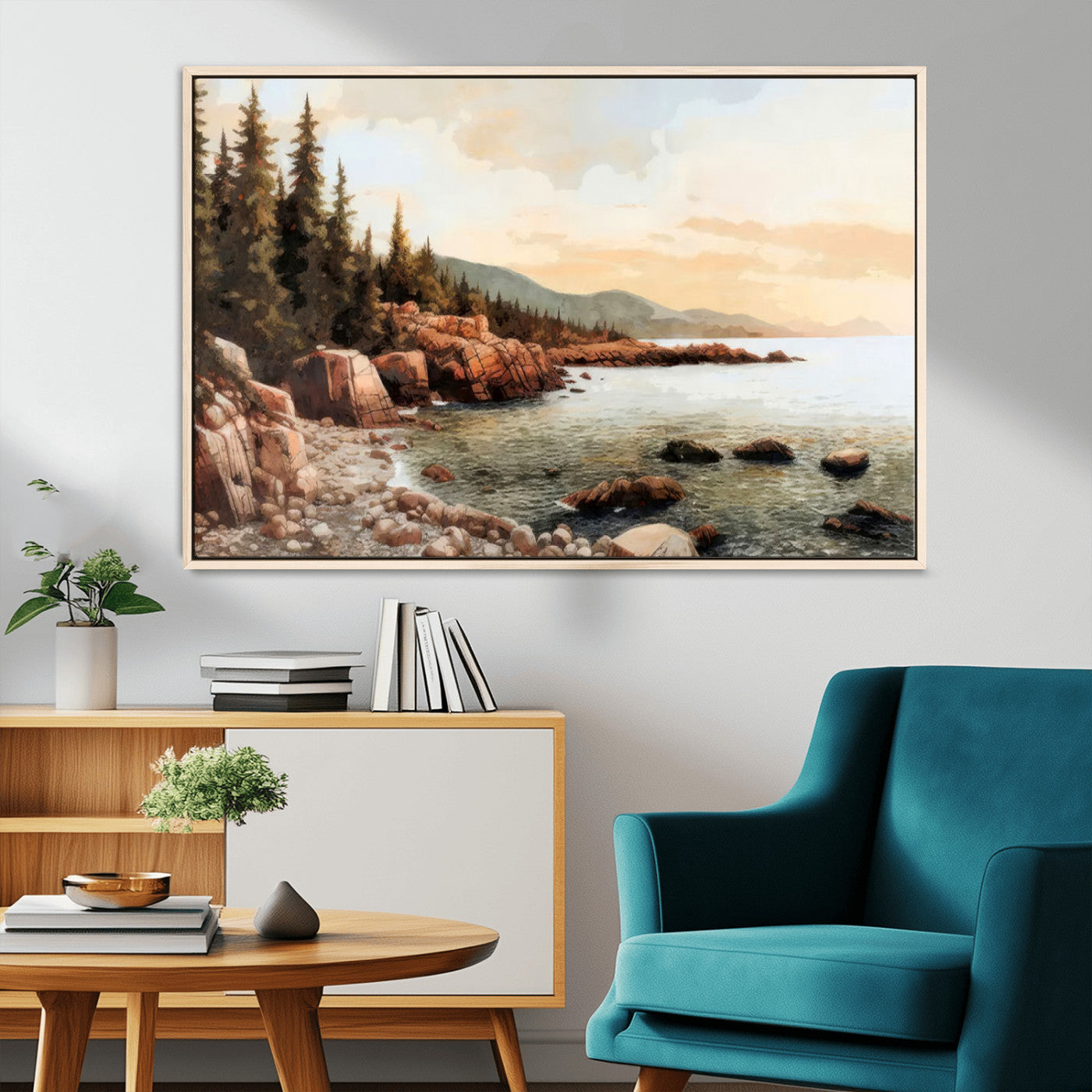 77145-MGV-FC-36X24_Natural-Coastal Landscape Wall Art – Panoramic Rocky Shoreline and Pine Trees Canvas Print, Rustic Nature Decor for Cabin, Lodge, Office,