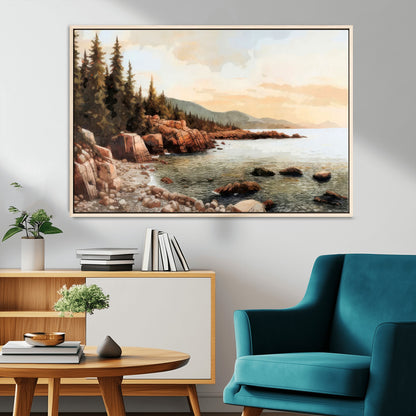 77145-MGV-FC-36X24_Natural-Coastal Landscape Wall Art – Panoramic Rocky Shoreline and Pine Trees Canvas Print, Rustic Nature Decor for Cabin, Lodge, Office,