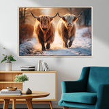 50490-MGV-FC-36X24_Natural-Highland Cow Wall Art – Rustic Panoramic Canvas Print Two Cattle Snowy Landscape, Farmhouse Country Decor for Living Room Office