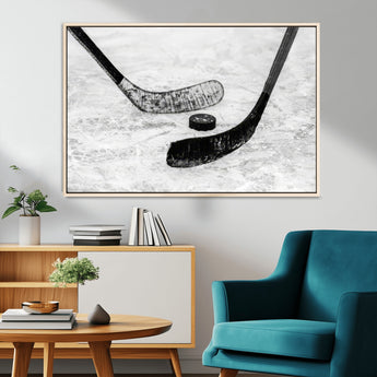 82900-MGV-CV-36X24-Hockey Wall Art – Black and White Canvas Print Ice Rink Sticks Puck Sports Photography, Modern Decor for Game Room, Man Cave,