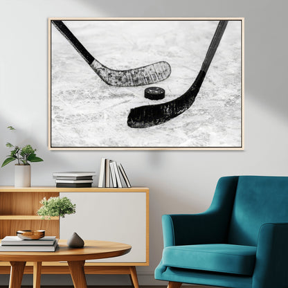 82900-MGV-CV-36X24-Hockey Wall Art – Black and White Canvas Print Ice Rink Sticks Puck Sports Photography, Modern Decor for Game Room, Man Cave,