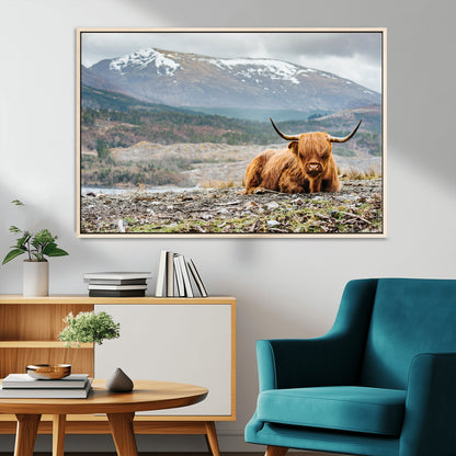 80252-MGV-FC-36X24_Natural-Scottish Cow Wall Art Canvas Print, Framed Highland Cow Art Picture Print, Highland Cattle Perfect Rustic Farmhouse Decor Artwork