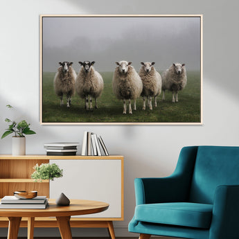 87339-MGV-FC-36X24_Natural-Sheep Wall Art – Rustic Farmhouse Canvas Print Flock Standing Misty Field Countryside Photography, Country Animal Decor for Living