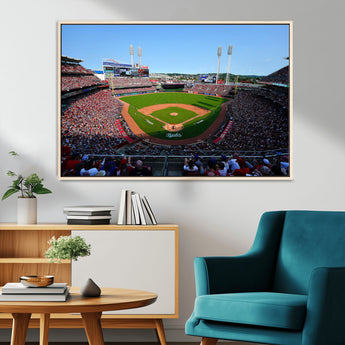 90998-MGV-CV-36X24-Baseball Stadium Wall Art – Canvas Print Day Game Field Packed Crowd Bright Blue Sky Sports Photography, Classic Decor for Game