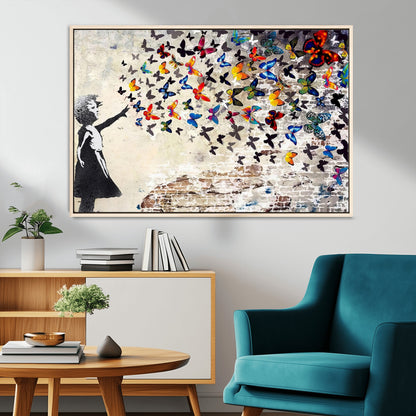 97895-MGV-CV-36X24-Girl with Butterflies Wall Art – Colorful Street Art Style Canvas Print, Modern Graffiti-Inspired Butterfly Artwork for Living