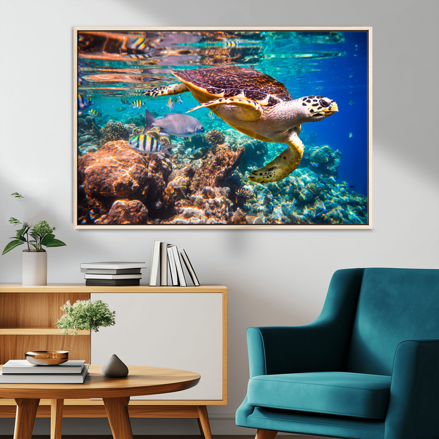 66614-MGV-CV-36X24-Sea Turtle Wall Art – Hawksbill Turtle Swimming Over Coral Reef Canvas Print, Ocean Marine Life Decor for Beach House, Coastal