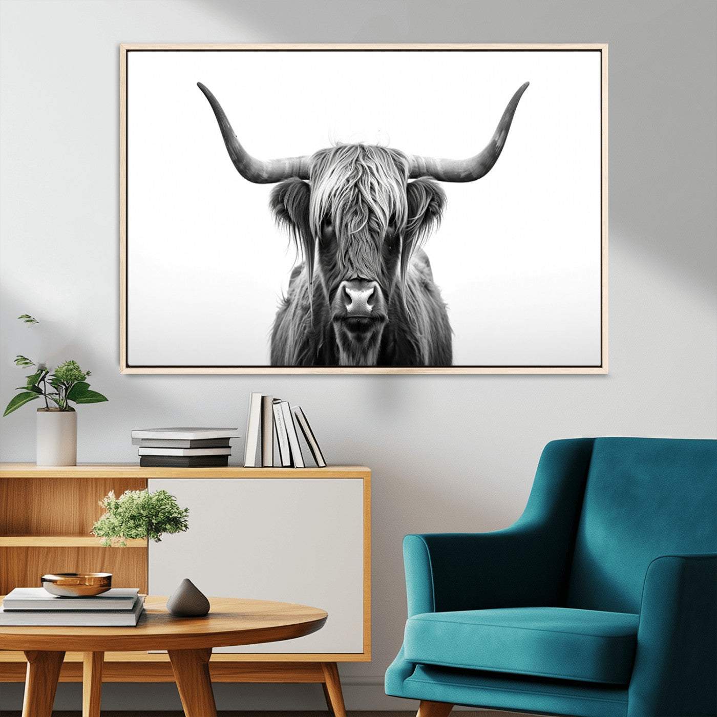49556-MGV-CV-36X24-Highland Cow Wall Art – Black and White Scottish Highland Cattle Print, Rustic Farmhouse Minimalist Animal Portrait Canvas for