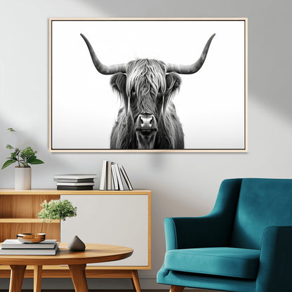 49556-MGV-CV-36X24-Highland Cow Wall Art – Black and White Scottish Highland Cattle Print, Rustic Farmhouse Minimalist Animal Portrait Canvas for