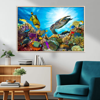 44772-MGV-CV-36X24-Underwater Sea Turtle Wall Art – Vibrant Coral Reef and Tropical Fish Canvas Print, Ocean Marine Life Decor for Living Room,