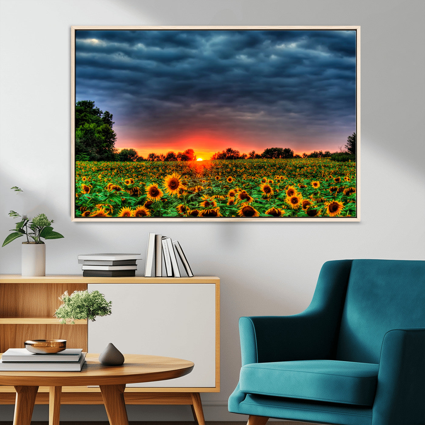 45045-MGV-CV-36X24-Sunflower Field Sunset Wall Art – Dramatic Stormy Sky Landscape Print, Vibrant Yellow Floral Nature Canvas for Living Room,