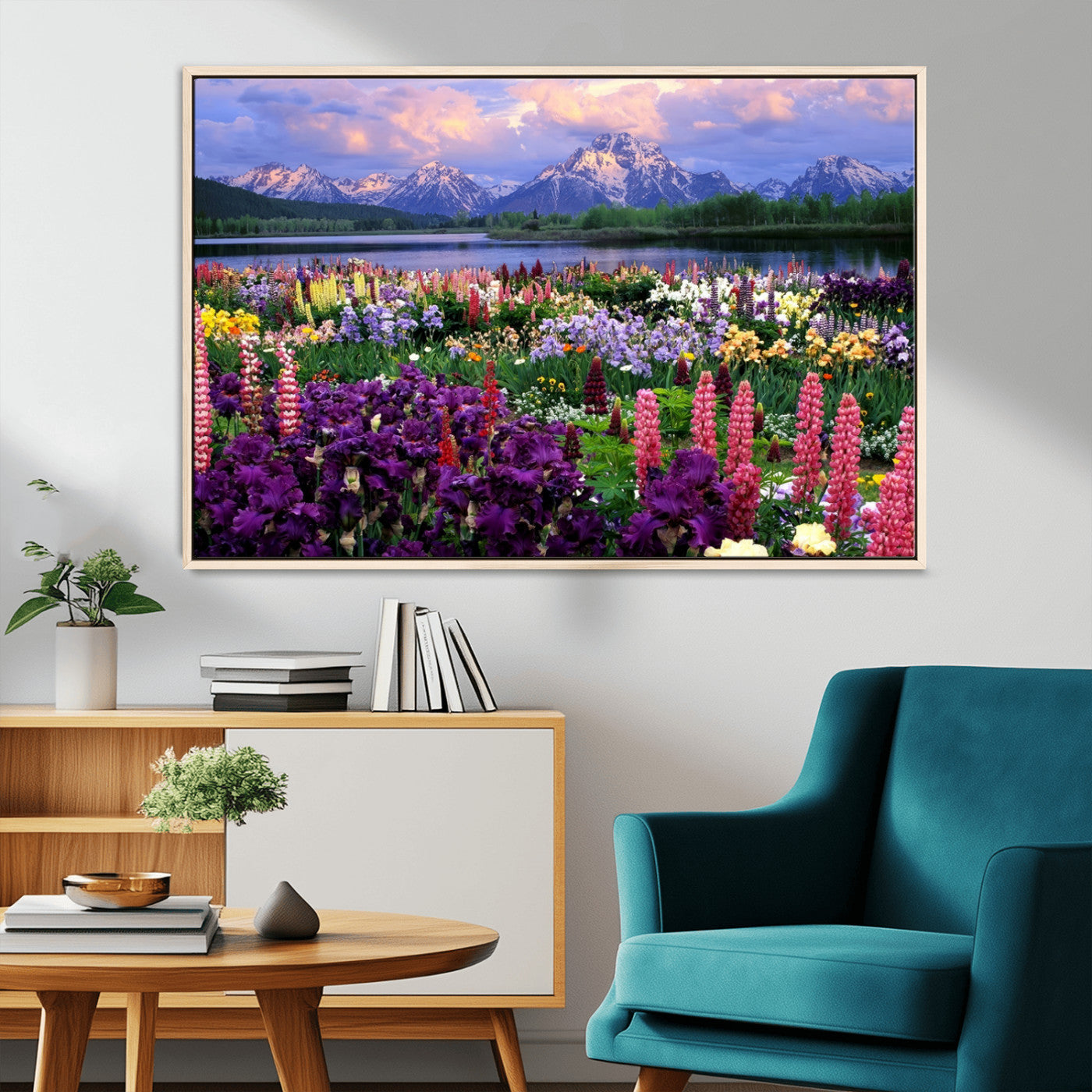 82270-MGV-CV-36X24-Colorful Wildflower Meadow Landscape Wall Art – Snow-Capped Mountain Lake Sunset Print, Vibrant Nature Artwork for Living Room,