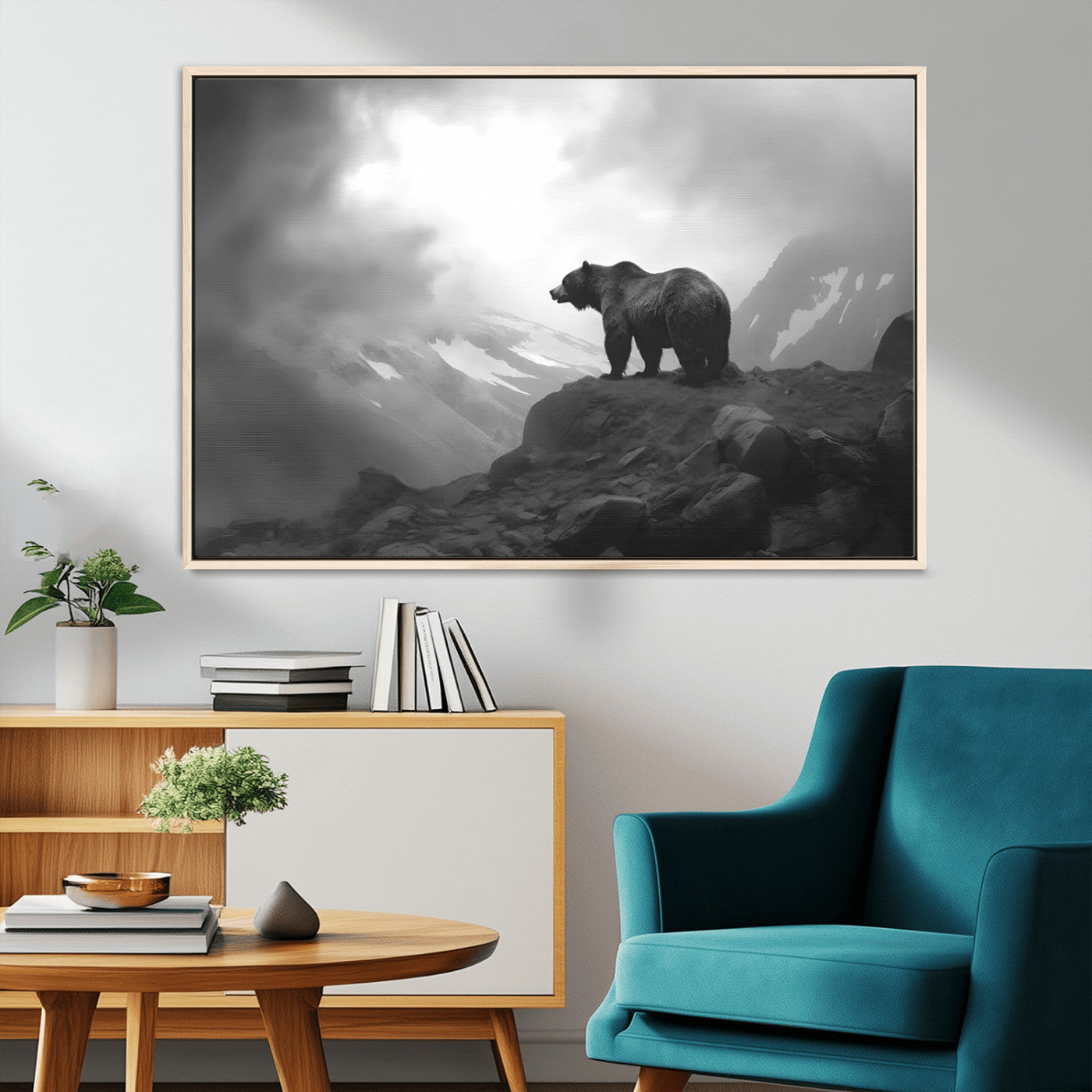 49504-MGV-CV-36X24-Black and White Grizzly Bear Wall Art – Wilderness Wildlife Painting, Rustic Mountain Cabin Decor, Monochrome Animal Print for