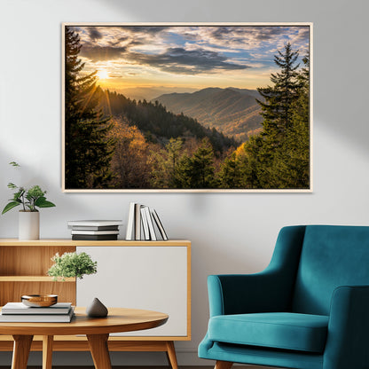 73692479-MGV-CV-36X24-Smoky Mountains Wall Art Canvas Print, Framed Forest Mountain Art Picture Print, Spring Mountain Perfect Spring Style Decor