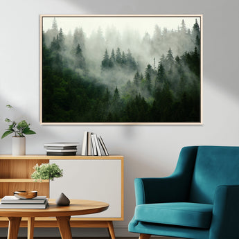 167720496-MGV-CV-36X24-Misty Forest Wall Art – Serene Evergreen Trees Canvas Print, Foggy Mountain Nature Landscape Decor for Bedroom, Living Room or