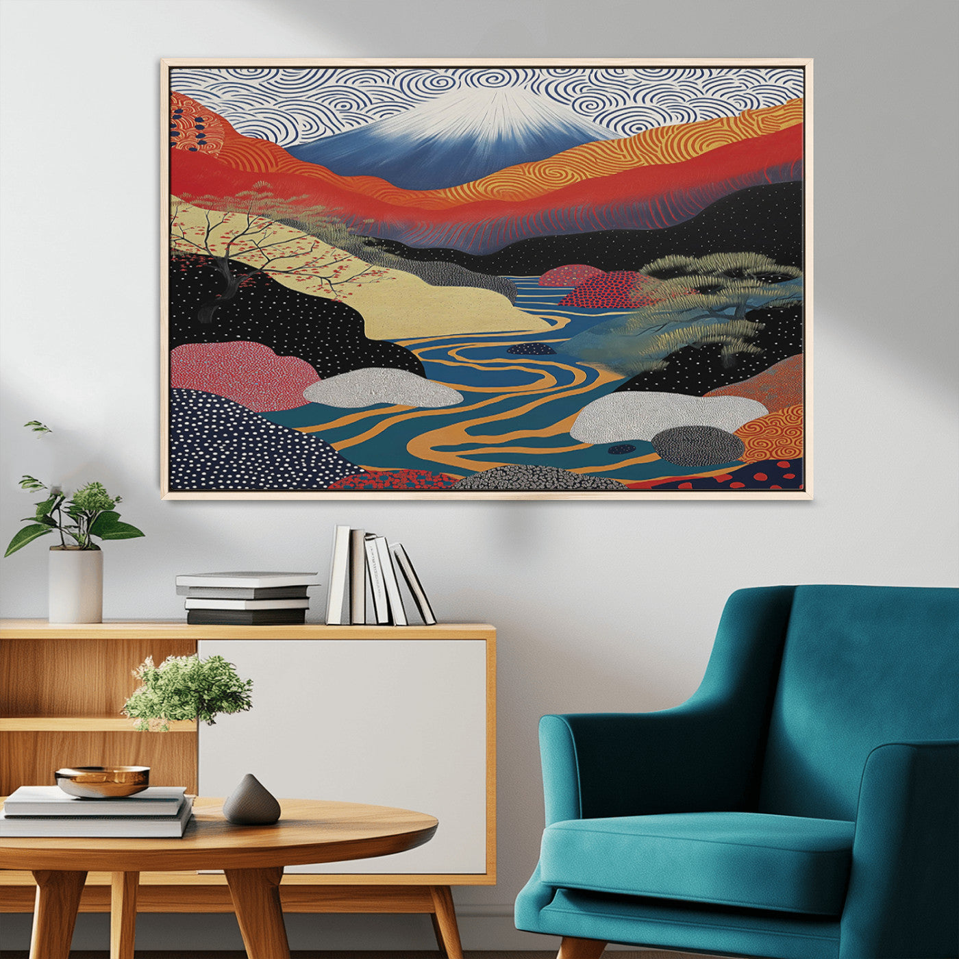 32131-MGV-CV-36X24-Japanese Mount Fuji Wall Art – Abstract Landscape Canvas Print with Swirling Sky & River, Modern Minimalist Asian Inspired Poster