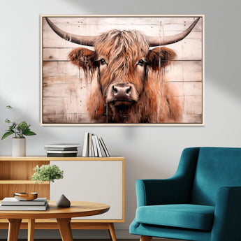 93730-MGV-CV-36X24-Scottish Cow Wall Art Canvas Print, Framed Longhorn Cow Art Picture Print, Highland Cattle Perfect Rustic Farmhouse Decor Artwork