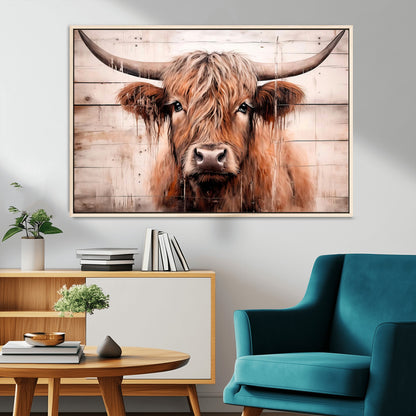 93730-MGV-CV-36X24-Scottish Cow Wall Art Canvas Print, Framed Longhorn Cow Art Picture Print, Highland Cattle Perfect Rustic Farmhouse Decor Artwork