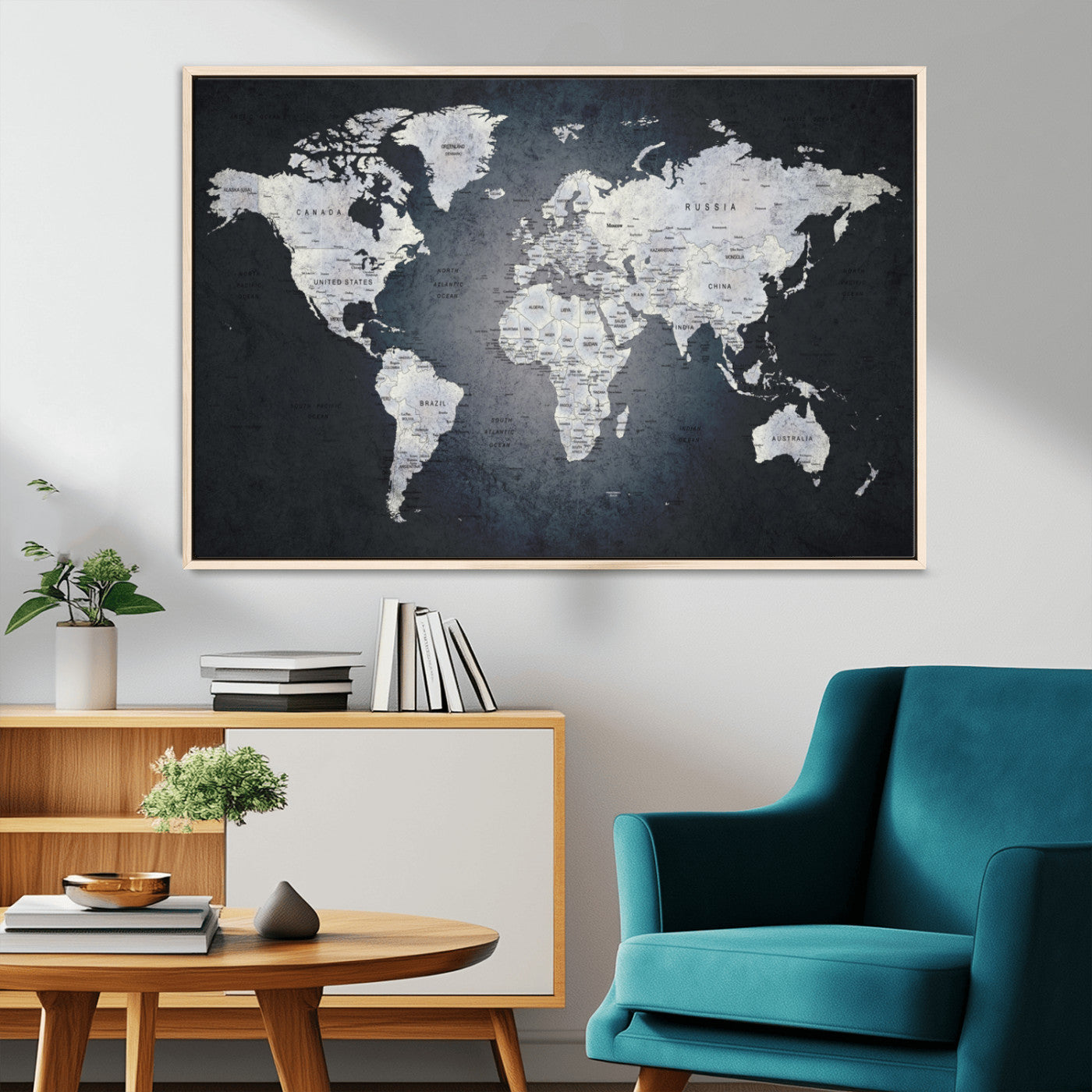 19124-MGV-CV-36X24-Modern World Map Wall Art – Black and White Canvas Print, Minimalist Global Map Decor for Office, Study, Bedroom or Living Room